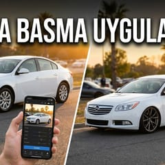 Araba basma uygulaması — aynı aracın normal ve basılmış hali, önde fotoğraf düzenleme uygulaması