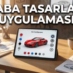Araba tasarlama uygulaması — tablette 3D araç konfigüratörü ve konsept araç çizimi