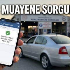 Araç muayene sorgulama — telefonda muayene geçerlilik sonucu ve arka planda muayene istasyonu