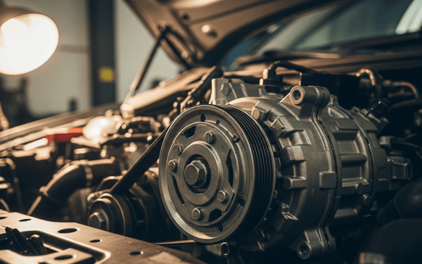 Açık motor kaputunun altında klima kompresörü ve kavrama kasnağı yakın çekim
