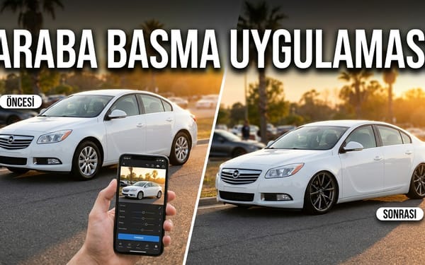 Araba basma uygulaması — aynı aracın normal ve basılmış hali, önde fotoğraf düzenleme uygulaması