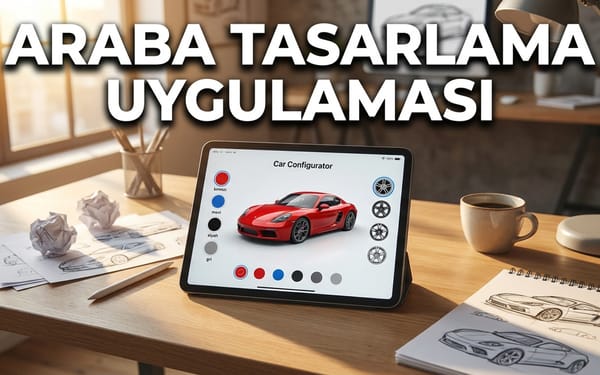 Araba tasarlama uygulaması — tablette 3D araç konfigüratörü ve konsept araç çizimi