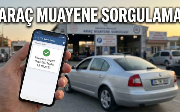 Araç muayene sorgulama — telefonda muayene geçerlilik sonucu ve arka planda muayene istasyonu