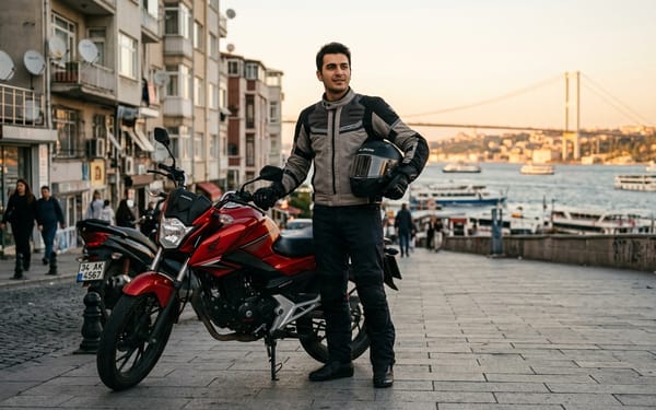 Genç motorcu 125cc motosikletinin yanında, Türkiye'de A1 ehliyeti alma süreci